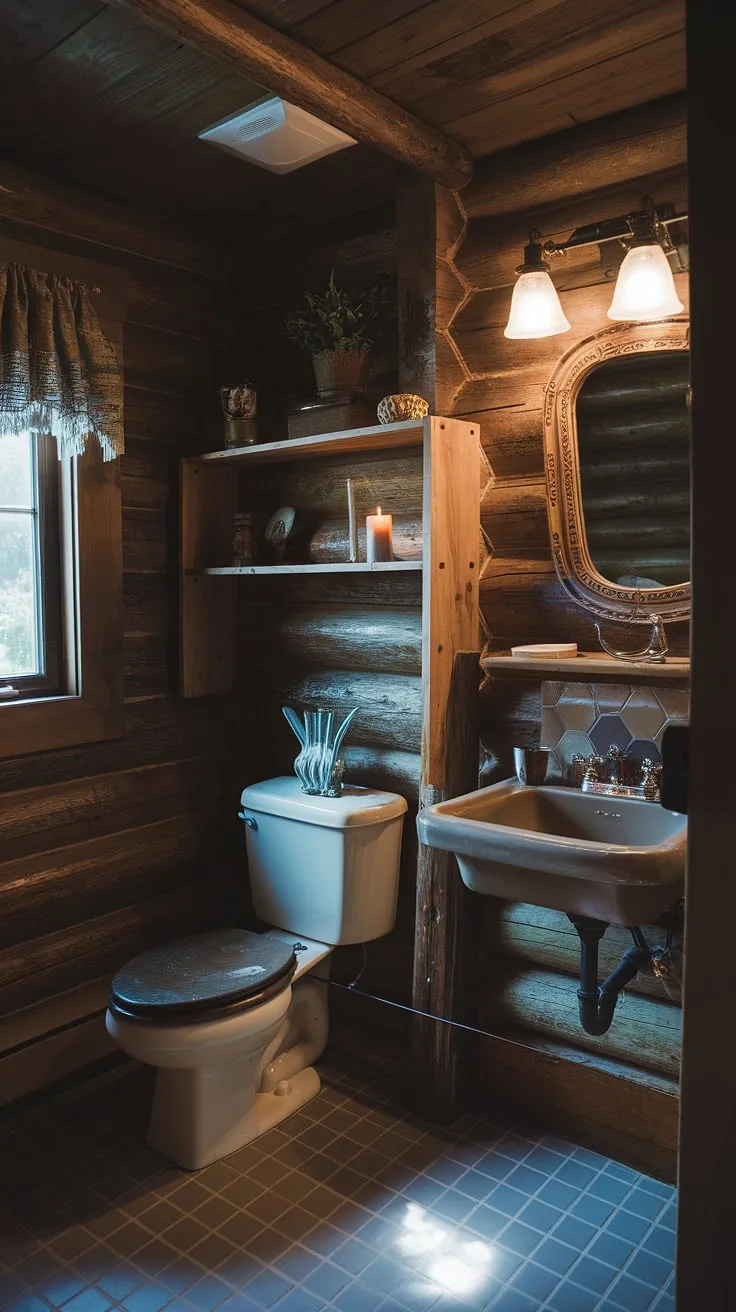 The dim light filtering through the window casts a warm glow on the aged wood of this cabin bathroom. A sense of rustic charm permeates the space, enhanced by the vintage mirror and thoughtfully placed accents. It's a haven of peace, a place to reconnect with nature and yourself.