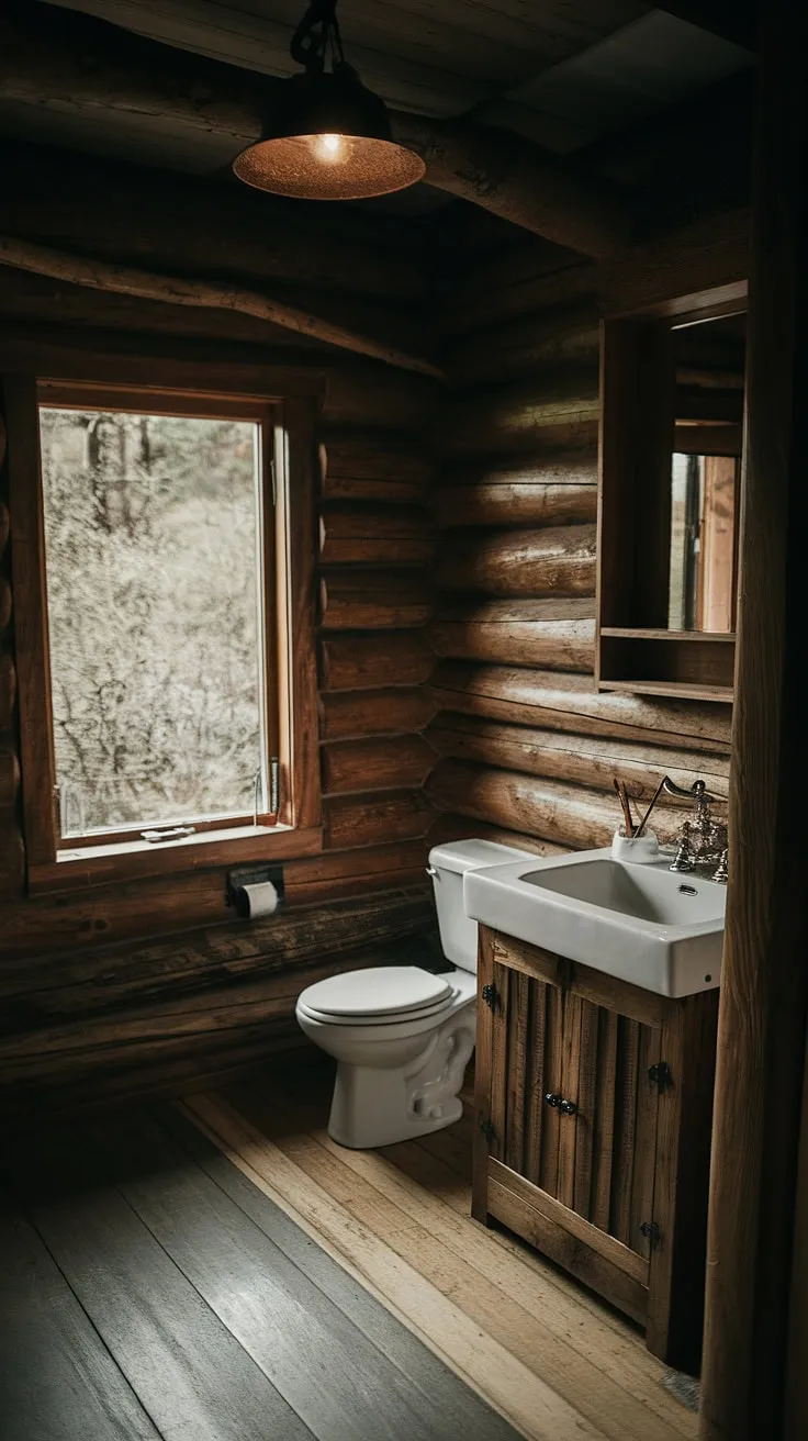 Find solace in the heart of nature within this moody, rustic bathroom. The rich, dark wood creates a sense of warmth and intimacy, while the large window provides a stunning view, blurring the lines between indoors and out. Simple, functional design elements, like the white sink and wooden shelving, enhance the overall feeling of serene escape.