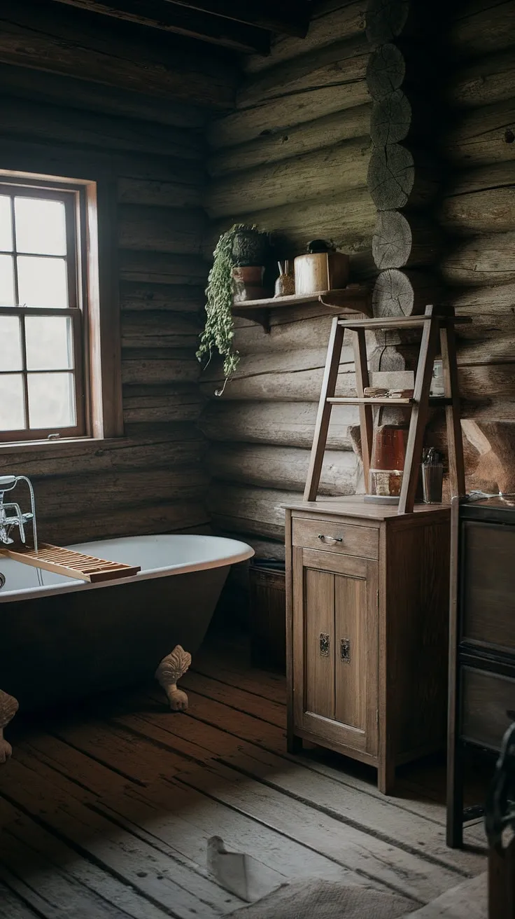 Indulge in the simple pleasures of this secluded cabin retreat. The dark, moody ambiance of the bathroom, complete with a weathered wooden tub and charming details, offers a truly unique and unforgettable experience. A haven for relaxation and rejuvenation.