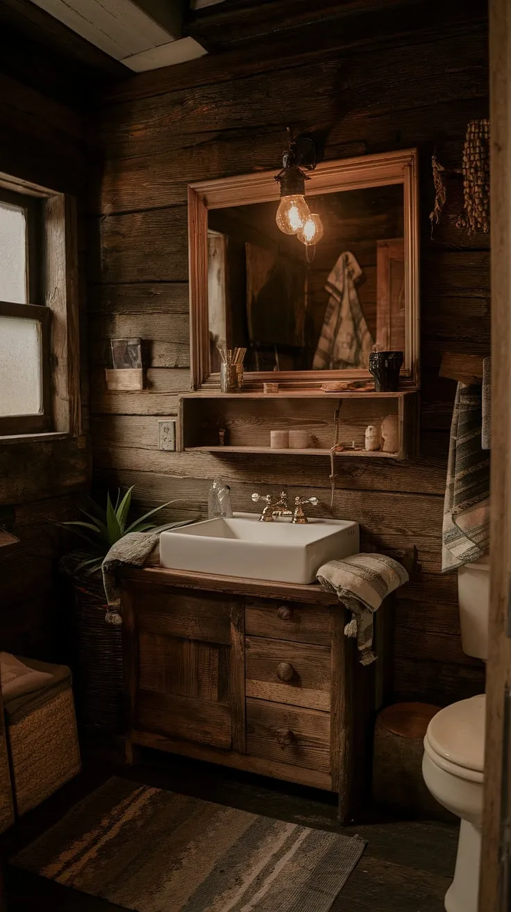 Escape to tranquility in this rustic cabin bathroom. The warm lighting and aged wood create a cozy ambiance, perfect for unwinding after a day of adventure. A simple yet elegant space, it's a testament to the beauty of understated design.