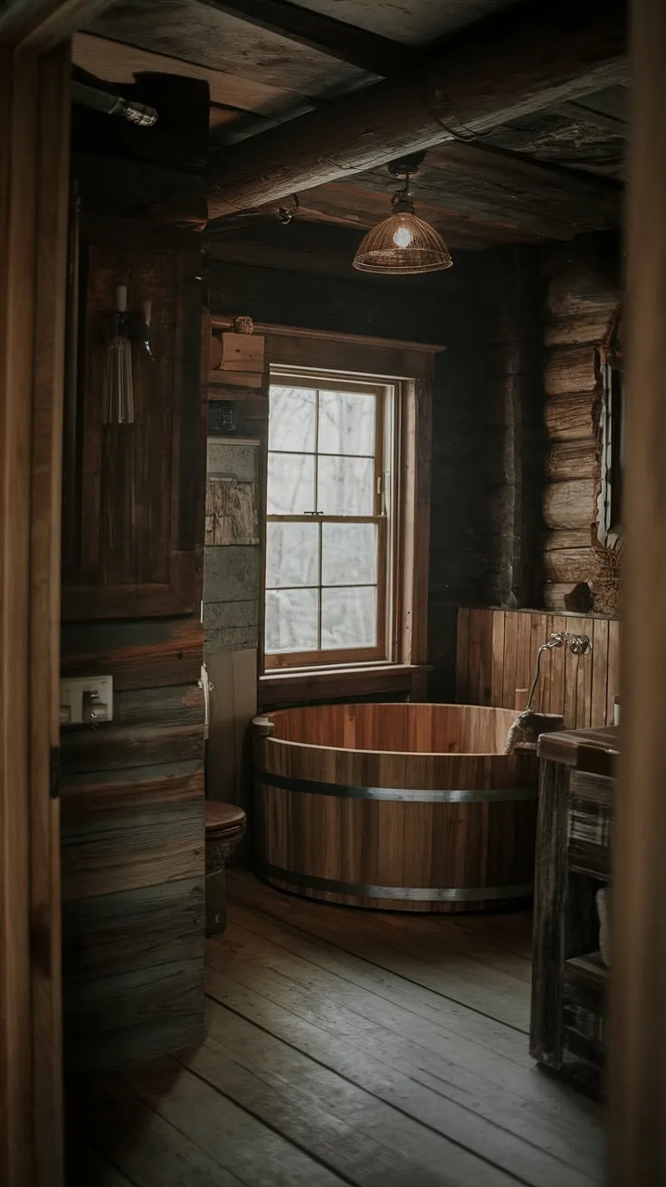 Sink into tranquility in this rustic cabin bathroom. The aged wood paneling, the deep soaking tub by the window, and the soft glow of the overhead light create a sanctuary where worries melt away. A perfect escape, a moment of pure bliss, a rejuvenating experience awaits.