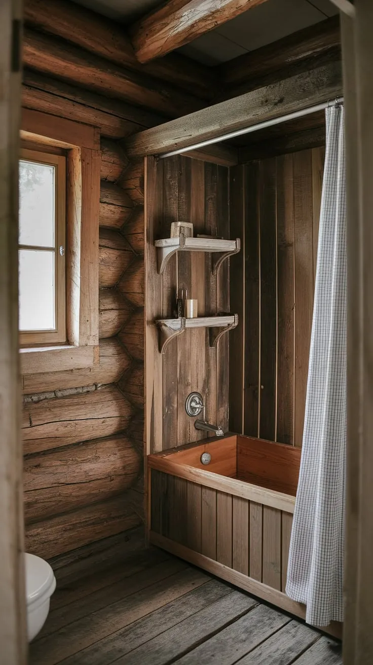 Escape to tranquility in this charming cabin bathroom. A simple shower curtain hangs beside a weathered wooden tub, while a rustic shelf above holds a few carefully chosen A. The soft glow of the window creates a peaceful atmosphere in this rustic retreat.
