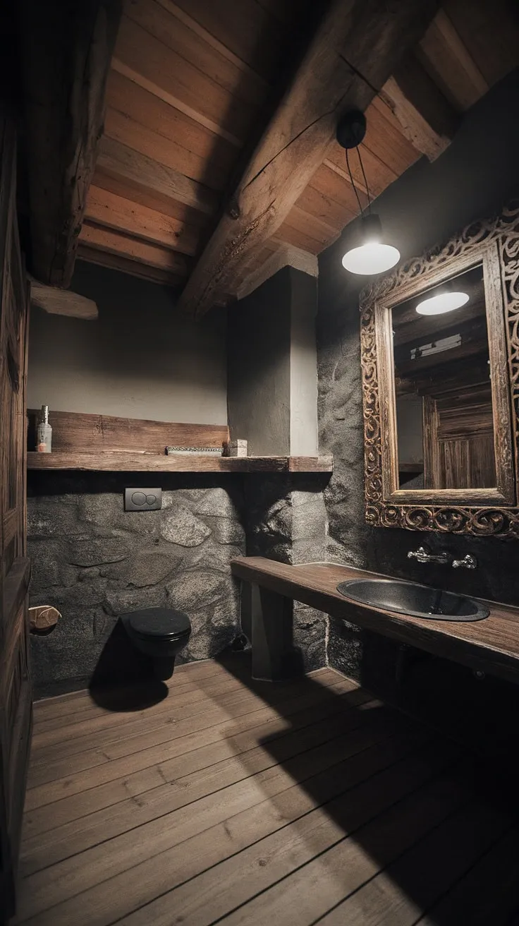 Escape to this rustic retreat, where the warmth of the wooden beams and the cool stone walls create a sanctuary of tranquility. The aged mirror reflects a space steeped in history, a testament to enduring charm. A perfect blend of rugged and refined.