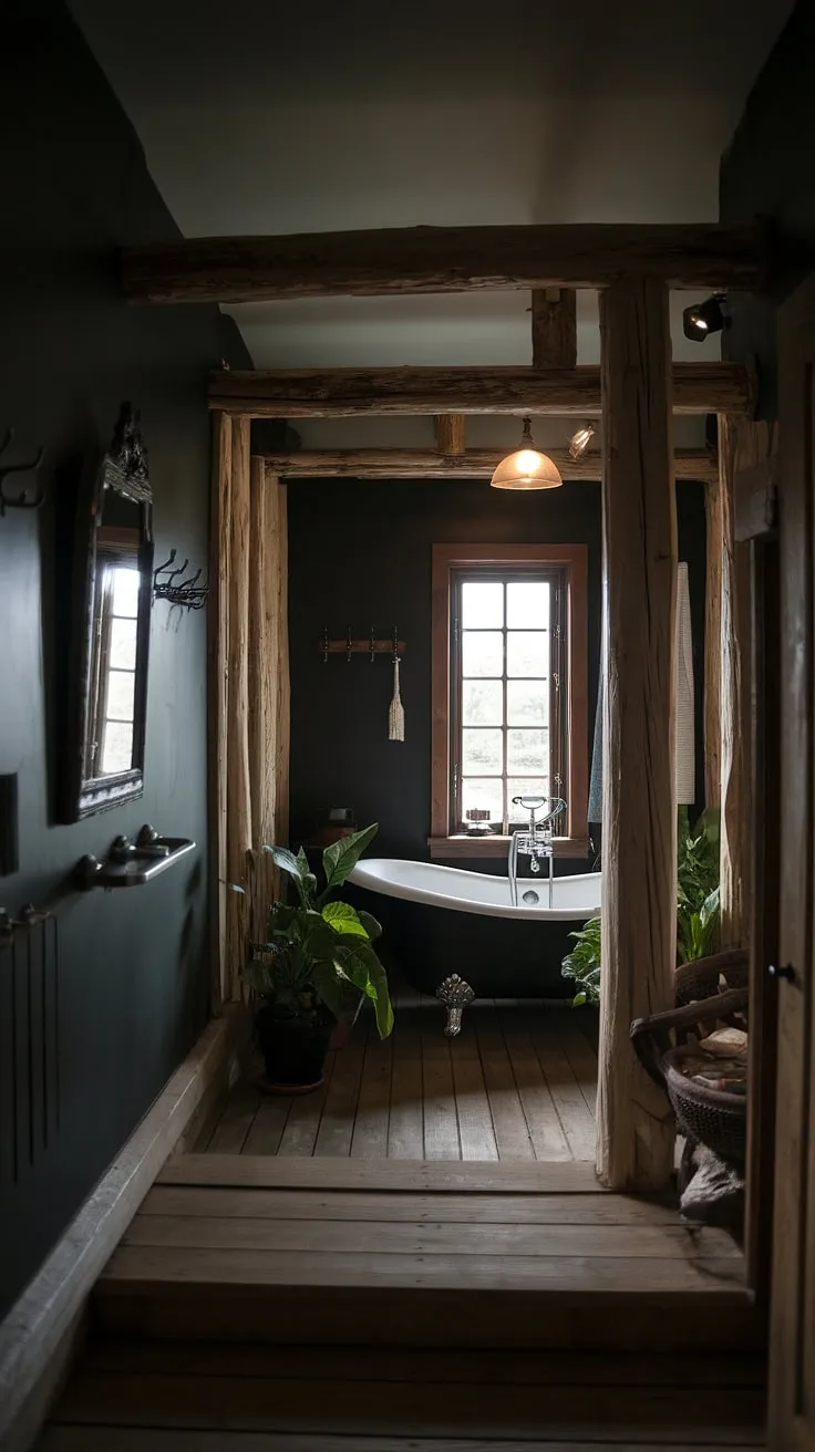 Escape to this secluded haven. Dark wood, vintage details, and the gentle glow of a hanging light create a truly unique and intimate bathroom experience. The freestanding tub, nestled amongst potted plants, promises moments of blissful relaxation and rejuvenation. A sanctuary for the senses.