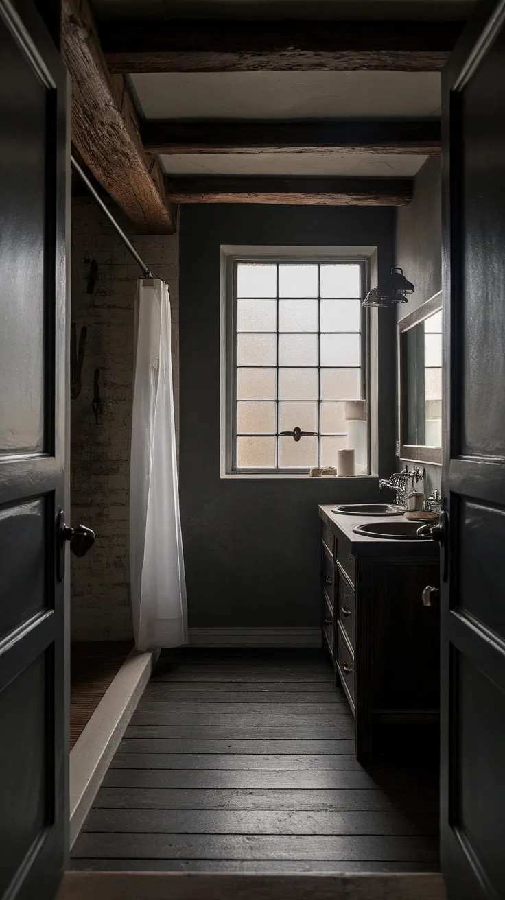 Indulge in the serene atmosphere of this rustic bathroom retreat. Dark wood and grey tones create a sophisticated ambiance, while the exposed brick and wooden beams add a touch of raw, natural beauty. The frosted glass window allows for privacy while still letting in diffused light, making this space a true escape.