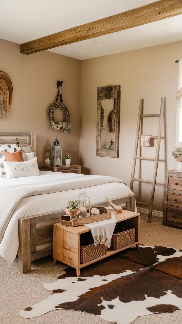 This rustic teen bedroom is a perfect example of a western bedroom decor done right. The farmhouse teen bedroom features a comfortable queen bed, a cowhide rug, and charming wooden accents. Think cowgirl room ideas taken to the next level with this blend of western boho decor and country chic bedroom style. The wooden ladder and lantern add to the overall ranch bedroom ideas vibe, creating a space that's both stylish and inviting. This country style bedroom is the epitome of a comfortable and stylish space.