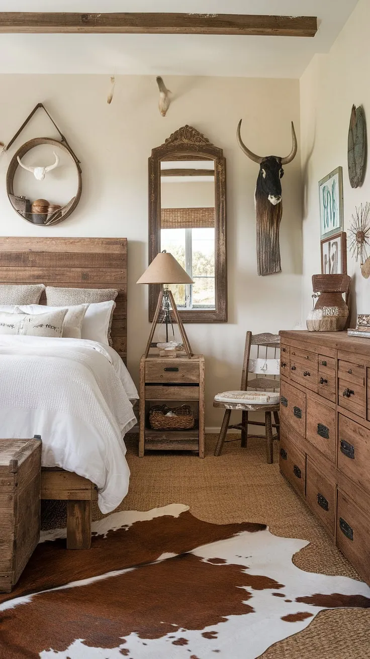 Rustic teen bedroom goals! This western themed bedroom boasts a country chic vibe, perfect for ranch bedroom ideas and western boho decor.