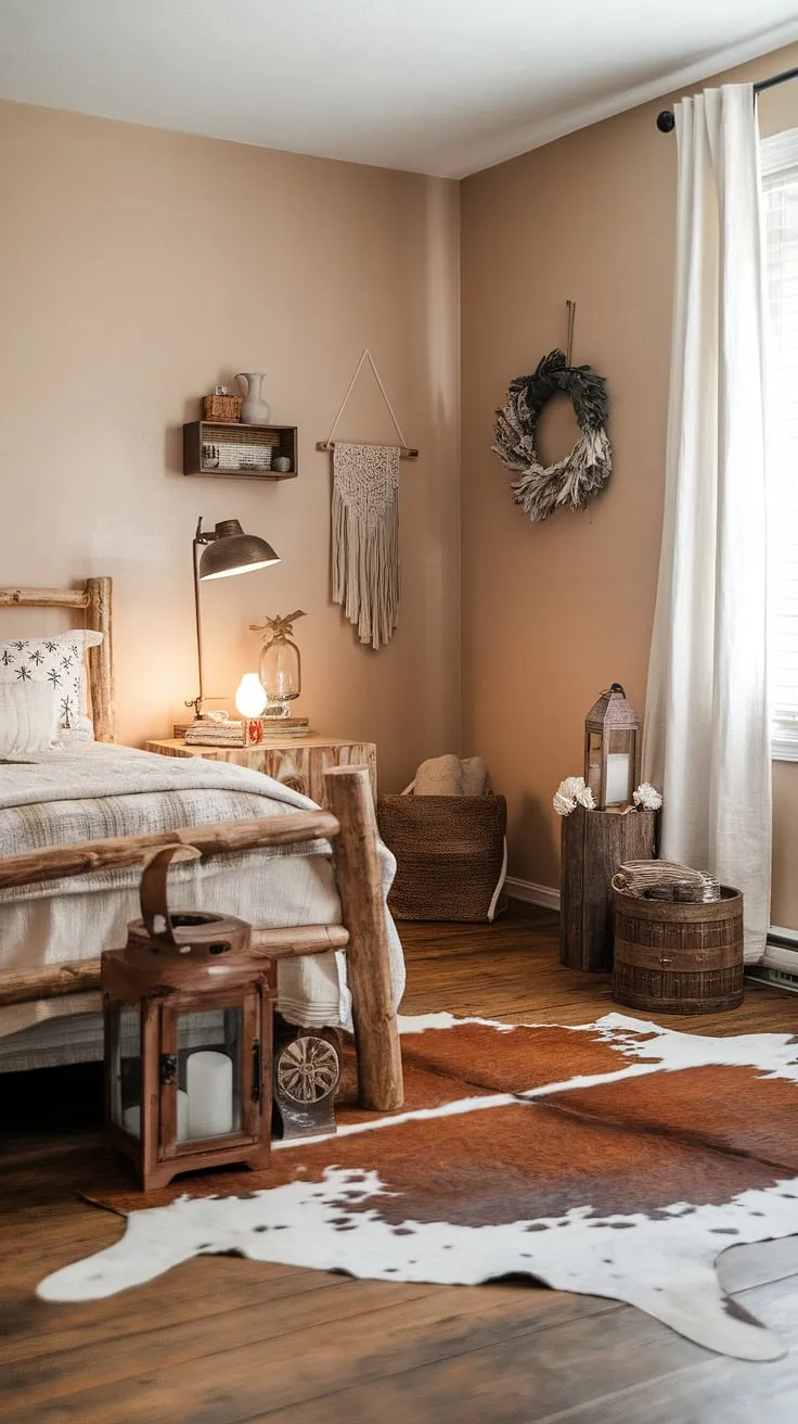 A dreamy country teen bedroom showcasing the best of western bedroom decor. The soft beige walls, wooden floors, and carefully chosen accents like the lantern and wooden box create a country chic bedroom feel. This western boho decor style is perfect for anyone looking for unique ranch bedroom ideas, transforming this space into a stylish and comfortable rustic teen bedroom.