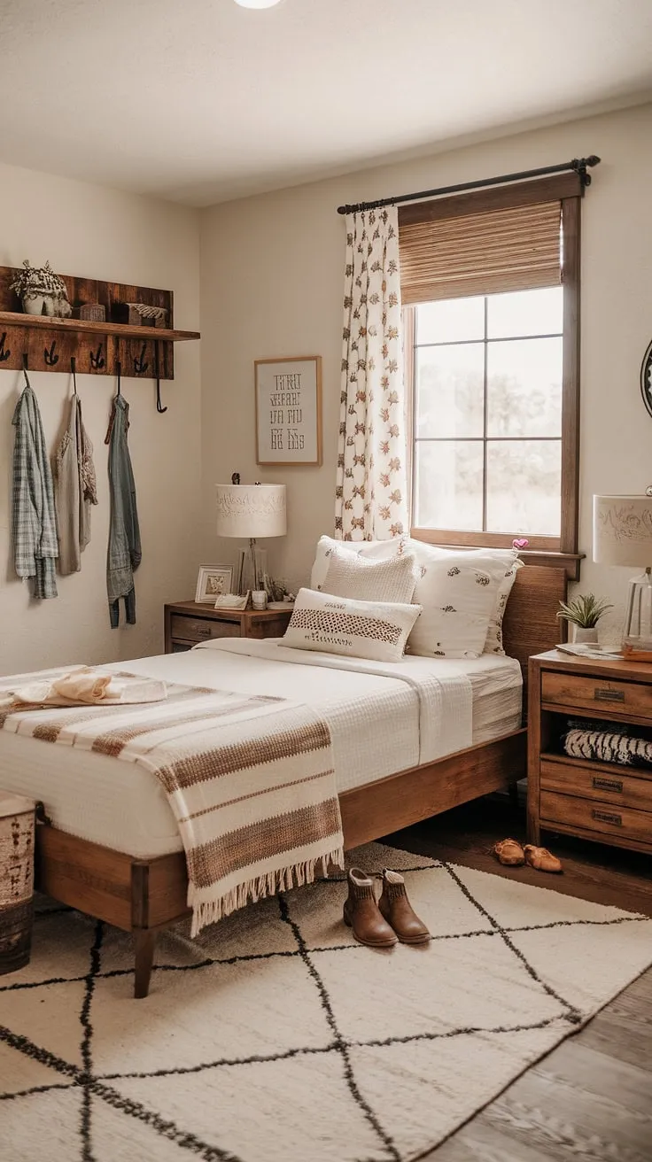 Step into this dreamy country teen bedroom, where rustic charm meets cowgirl spirit. Western bedroom decor fills the space with a cozy, inviting atmosphere, showcasing clever ranch bedroom ideas and western boho decor elements. The wooden bed frame, white rug, and thoughtfully placed accents create a country chic bedroom feel, perfect for a teen who loves a touch of the wild west. This rustic teen bedroom is a masterclass in farmhouse teen bedroom design.