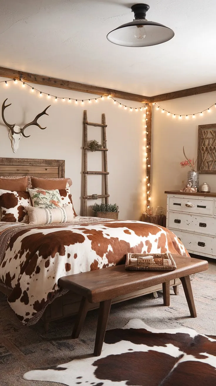Step into this rustic teen bedroom, a haven of western boho decor. The cowhide pattern bedding and rugs, paired with a floral chenille spread, create a unique country style bedroom. A wooden headboard, bench, and vintage ladder add to the ranch bedroom ideas, while the antler decor and string lights complete the western themed bedroom look. This country chic bedroom is the ultimate cowgirl room ideas inspiration for a farmhouse teen bedroom.