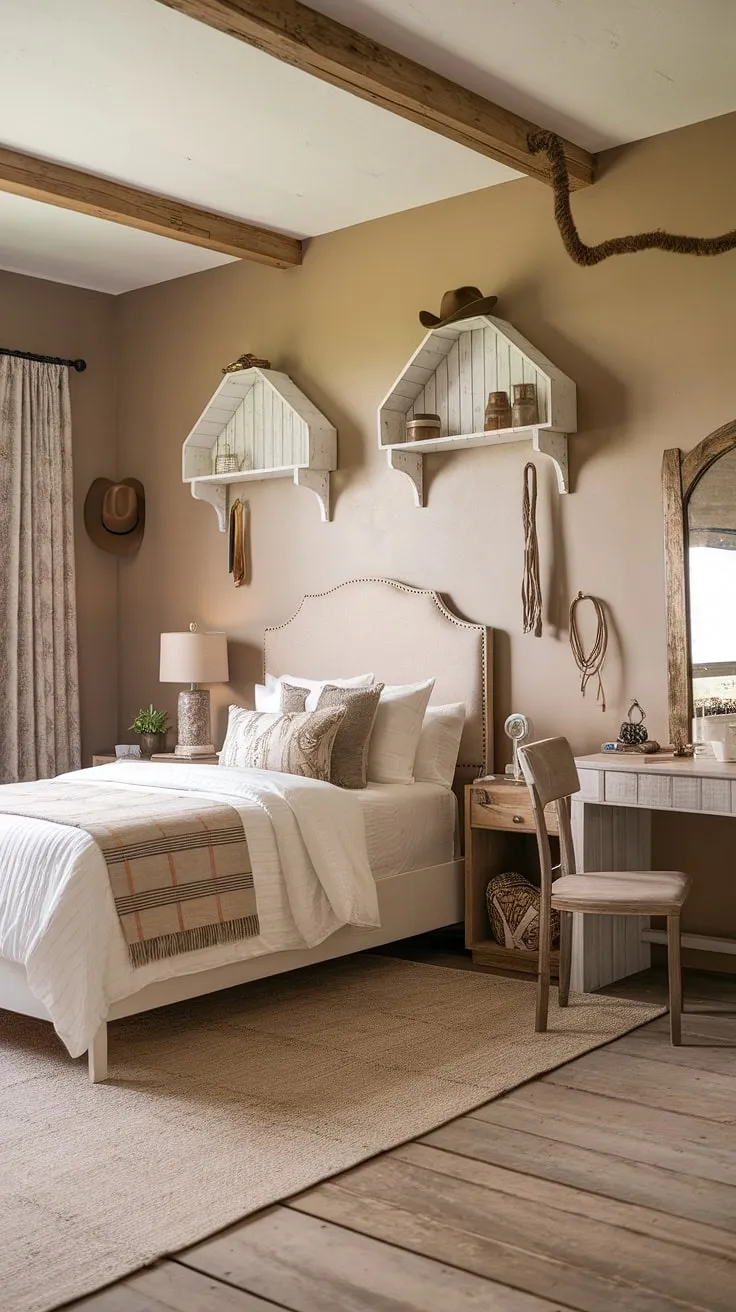 This rustic teen bedroom perfectly blends country style bedroom charm with western bedroom decor. The beige walls, wooden beams, and white bed frame create a farmhouse teen bedroom feel, while the cowboy hat, lasso, and rustic mirror add a touch of western boho decor. It's the ultimate cowgirl room ideas inspiration, showcasing a cozy and stylish ranch bedroom ideas aesthetic. This country chic bedroom is a perfect example of a western themed bedroom done right.
