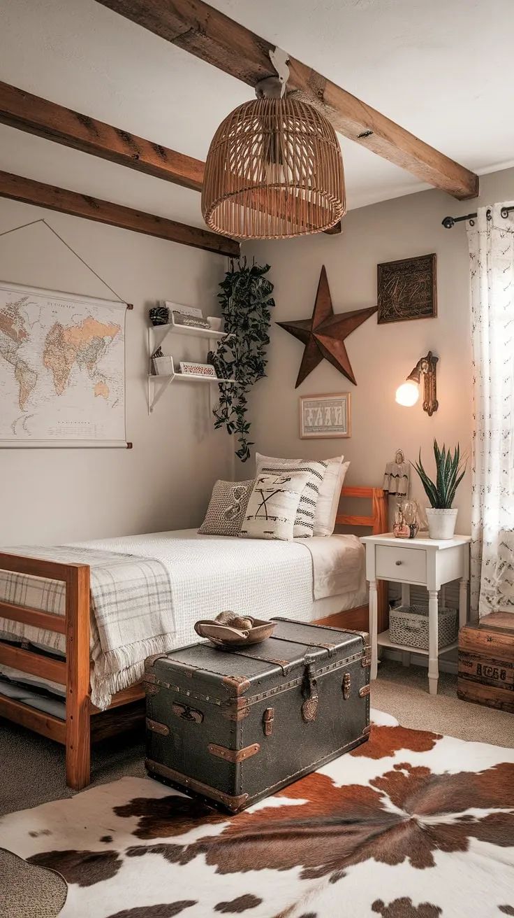 Dreamy rustic teen bedroom blending western bedroom decor and boho charm. This country teen bedroom, with its cowhide rug and vintage trunk, offers the perfect blend of country style bedroom and ranch bedroom ideas.