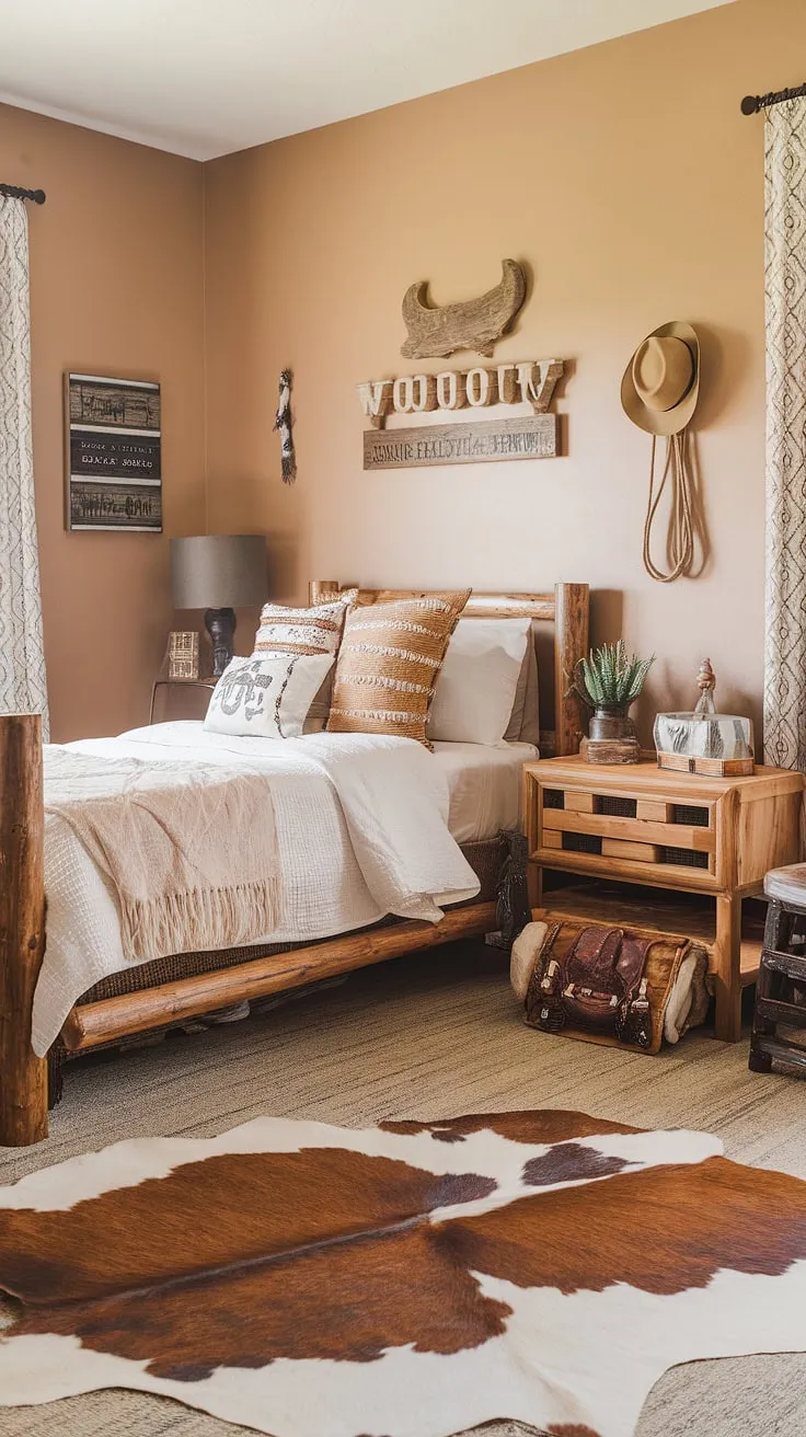 This rustic teen bedroom perfectly blends country chic and farmhouse styles with a touch of western boho decor. The cowgirl room ideas are brought to life with a western themed bedroom featuring a cozy, rustic bed frame, wooden furniture, and a cowhide rug. It's the ultimate ranch bedroom ideas for a country teen bedroom, showcasing the best of western bedroom decor.