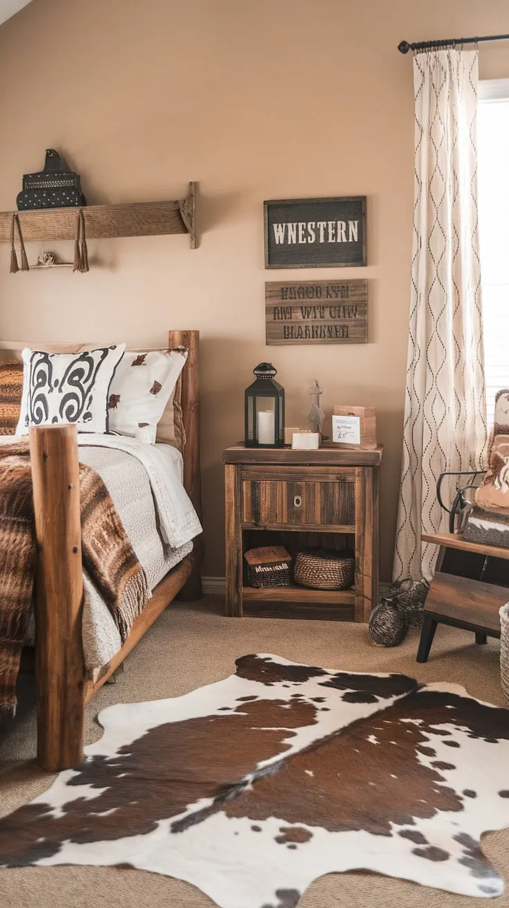 Step into this dreamy western themed bedroom, a haven for any country teen. The soft beige walls complement the rich textures of the cowhide rugs and wooden furniture, creating a welcoming and stylish space. This country teen bedroom showcases clever cowgirl room ideas, blending rustic teen bedroom elements with western bedroom decor for a truly unique and charming country chic bedroom.