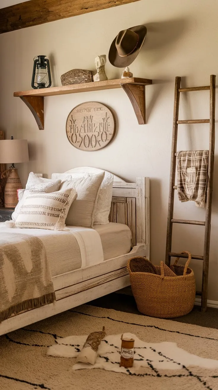 This farmhouse teen bedroom boasts a charming western themed bedroom, showcasing the best of country teen bedroom style. The rustic teen bedroom's cowgirl room ideas and western boho decor create a space that's both stylish and comfortable.