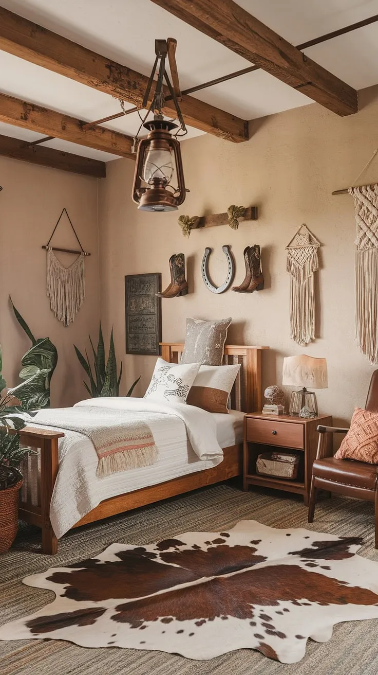 This rustic teen bedroom blends country style bedroom charm with western bedroom decor, creating the ultimate cowgirl room ideas. A perfect blend of western boho decor and ranch bedroom ideas for a country chic bedroom.