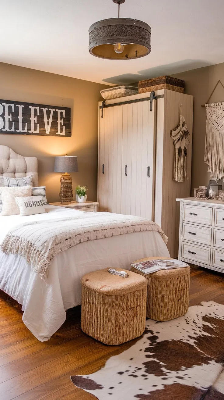 This country teen bedroom perfectly blends rustic charm with western flair. The queen bed, white dresser, and beige wardrobe create a country style bedroom, while the cowhide rug and macrame wall hanging add a touch of western boho decor. It's the ultimate cowgirl room ideas come to life, showcasing a ranch bedroom ideas aesthetic with a farmhouse teen bedroom feel. This western themed bedroom is a cozy and stylish space for any teen.