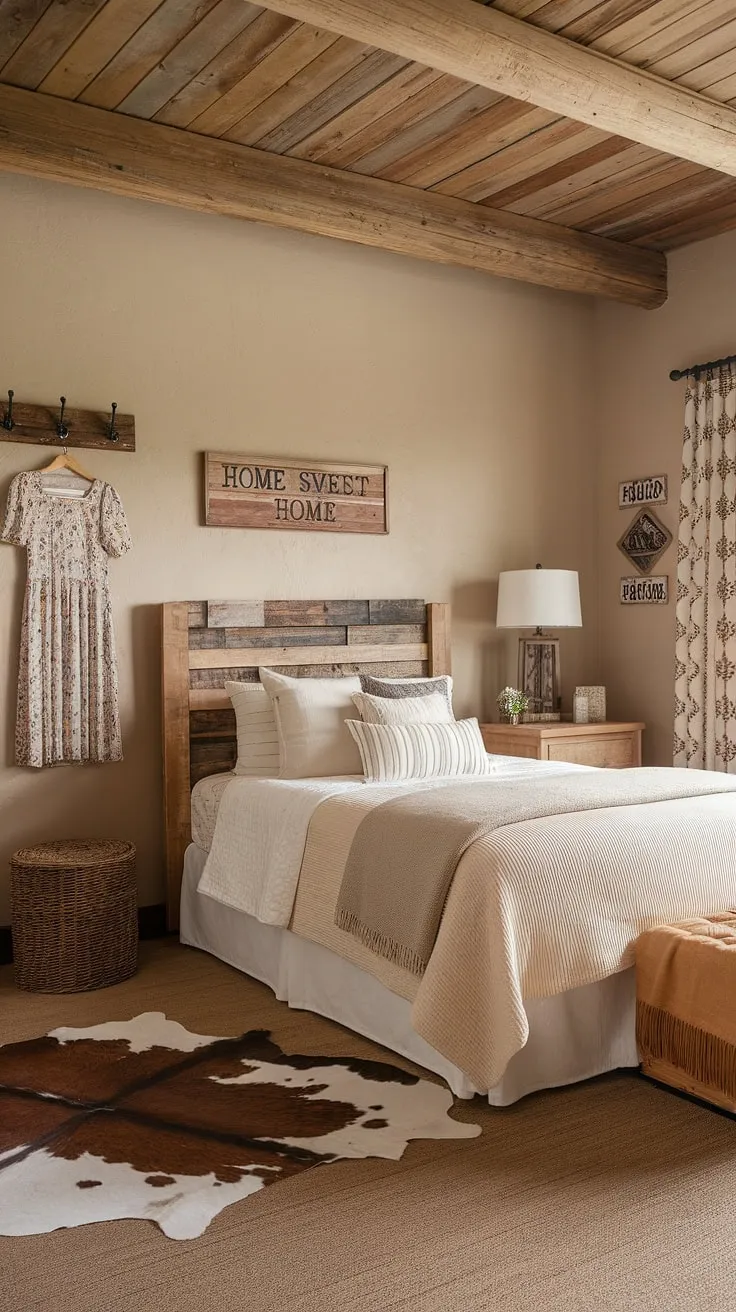 This rustic teen bedroom perfectly blends country style bedroom charm with western bedroom decor. The queen-size bed, white-framed and draped in beige, sits beneath a wooden ceiling, creating a cozy farmhouse teen bedroom atmosphere. Touches of western boho decor, like the cowhide rug and wooden accents, add a touch of cowgirl room ideas, while the "Home Sweet Home" sign completes the ranch bedroom ideas feel. This country chic bedroom is the ultimate blend of comfort and style.