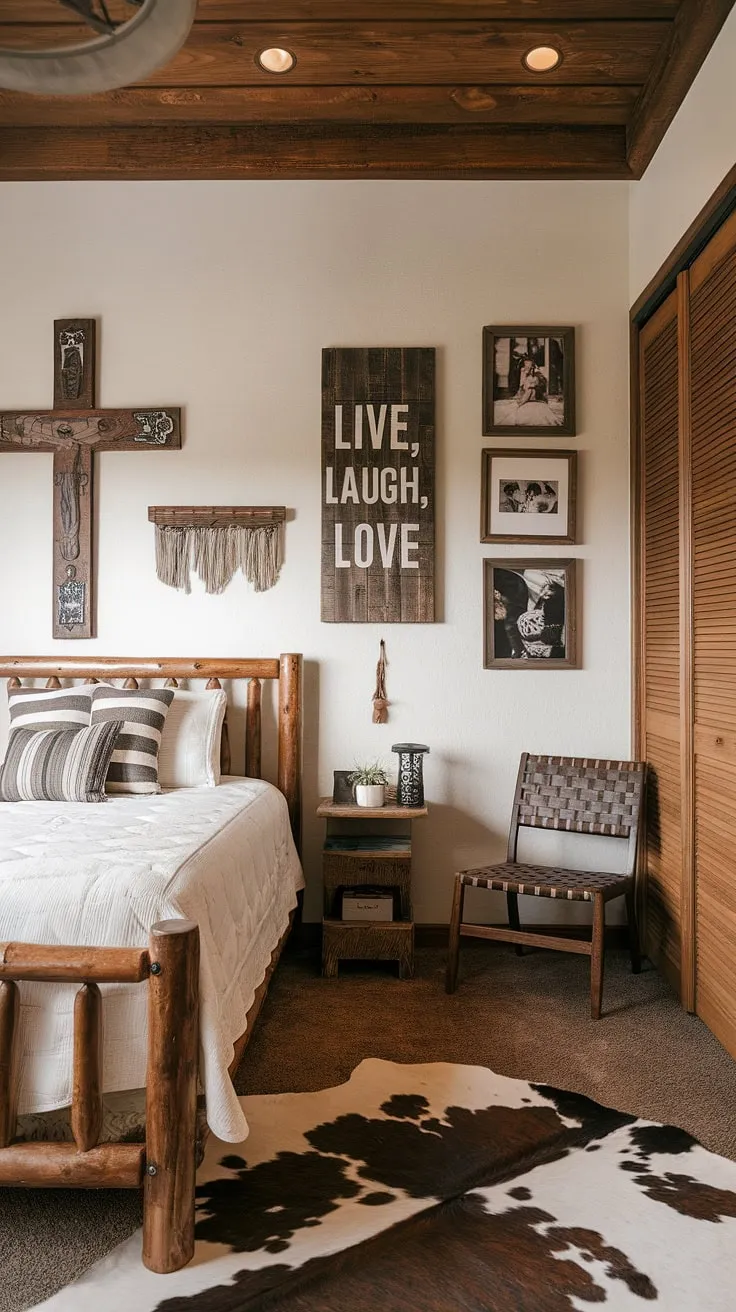 This rustic teen bedroom perfectly blends country chic and western style. The queen-size bed, wooden accents, and cowhide rug create a cozy and inviting space, showcasing the best of cowgirl room ideas and ranch bedroom ideas. A wooden cross, "Live, Laugh, Love" sign, and framed photos add personal touches to this charming country style bedroom, making it a perfect example of a western themed bedroom and farmhouse teen bedroom design. The woven chair and wooden nightstand complete the western boho decor, resulting in a truly unique and stylish country teen bedroom.