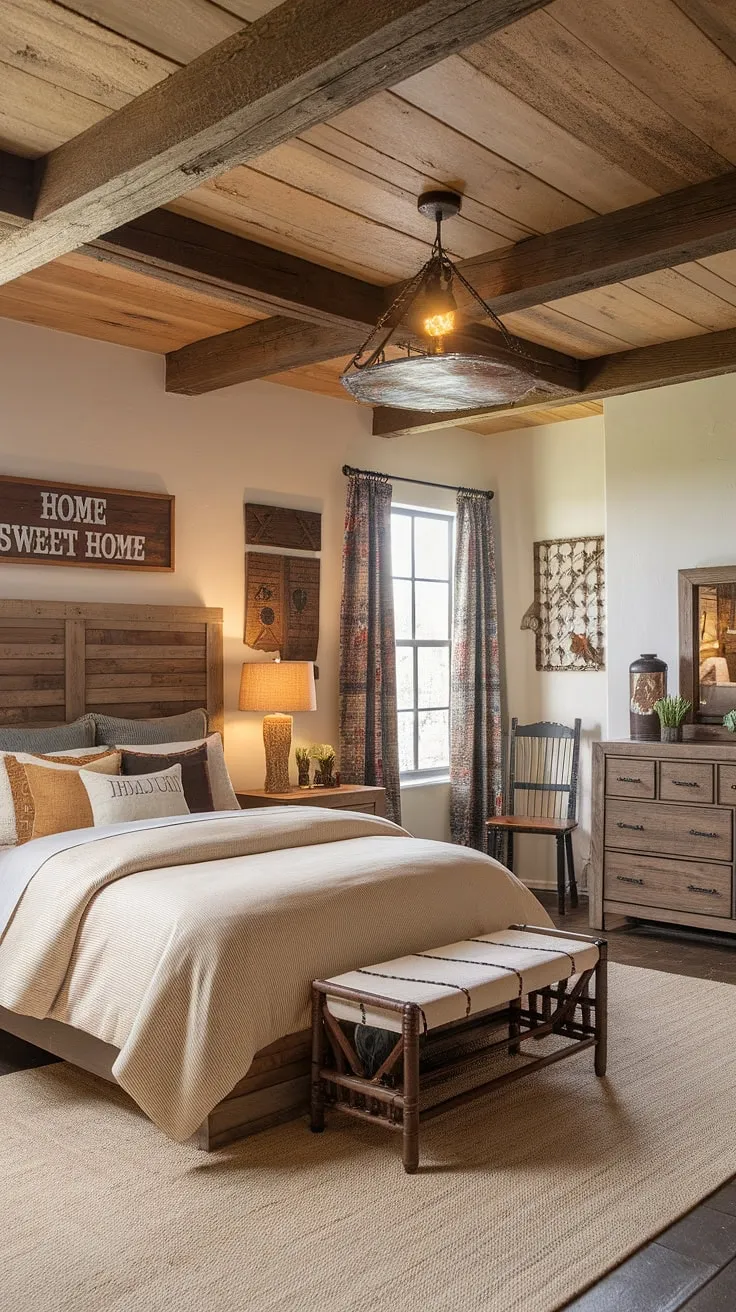This farmhouse teen bedroom boasts a stunning western themed bedroom, showcasing the best of cowgirl room ideas. The rustic teen bedroom's country style bedroom design is perfectly complemented by western boho decor, creating a cozy ranch bedroom retreat.