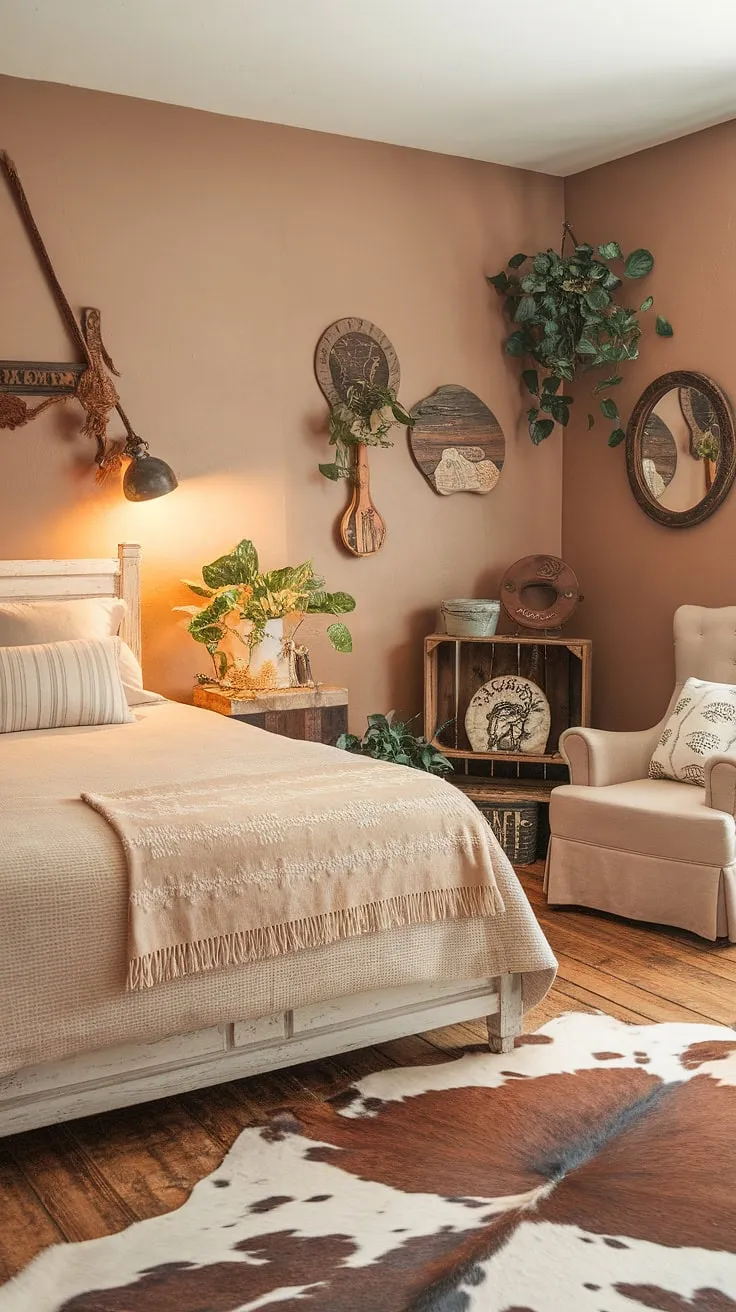 Warm lighting illuminates this charming country teen bedroom, showcasing a perfect blend of rustic farmhouse and western bedroom decor. The queen-size bed, draped in beige linens and a striped cushion, anchors the space, complemented by a cozy armchair and a cowhide rug. Wooden crates, a rustic mirror, and country motifs add to the western themed bedroom's appeal, offering inspiration for cowgirl room ideas and ranch bedroom ideas. This country style bedroom, with its exposed wooden floors and pops of greenery, embodies country chic bedroom style and makes for a perfect rustic teen bedroom.