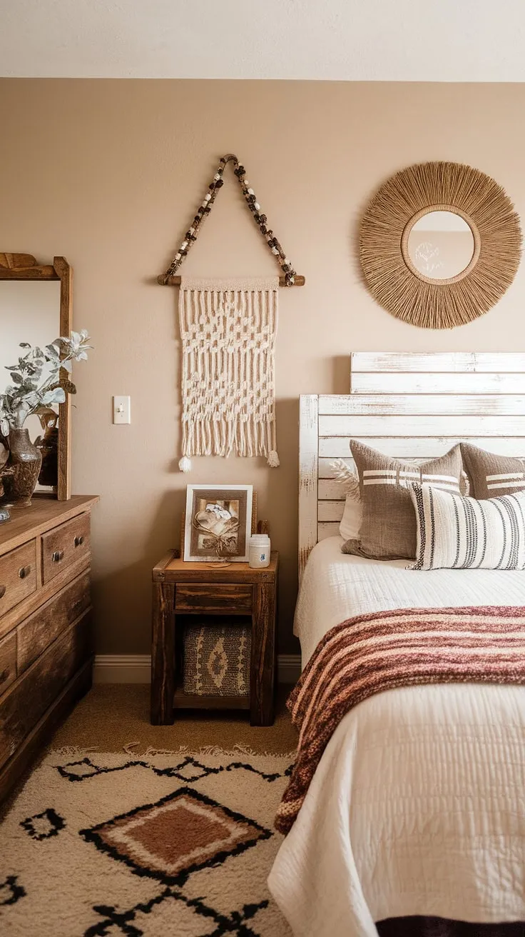 This country chic bedroom perfectly blends rustic teen bedroom vibes with western bedroom decor. The cowgirl room ideas shine through in the western boho decor, creating a cozy and stylish space. A white wooden headboard anchors the bed, while a wooden dresser and charming wall art complete the ranch bedroom ideas. This farmhouse teen bedroom offers a unique blend of country style bedroom and western themed bedroom aesthetics.
