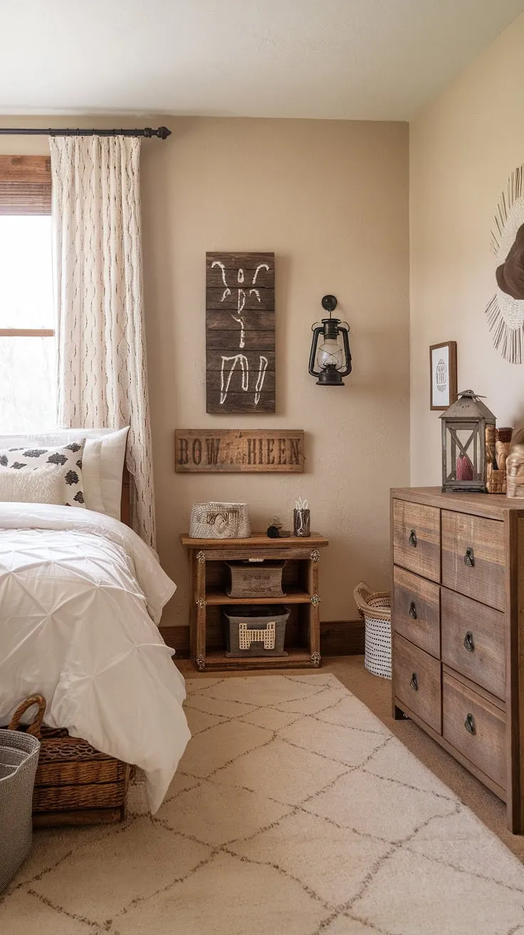 This farmhouse teen bedroom is a dream come true for any cowgirl! The western themed bedroom boasts a queen-size bed dressed in crisp white, complemented by a wooden dresser and charming western bedroom decor. Beige walls and a beige rug create a calming backdrop for this country style bedroom, while the large window floods the room with light. Get inspired by these ranch bedroom ideas and create your own western boho decor haven. This country chic bedroom perfectly blends rustic teen bedroom elements with the spirit of a cowgirl room ideas.
