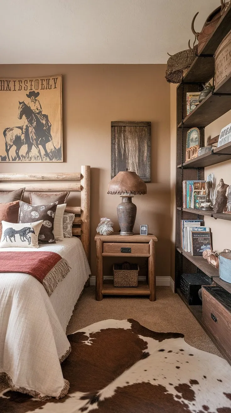 This western themed bedroom is a haven of country style bedroom inspiration. The beige walls provide a neutral backdrop for the rich textures and western decor, creating a rustic teen bedroom with a touch of modern flair. From the wooden nightstand and lamp to the bookshelf brimming with personality, this room offers a wealth of ranch bedroom ideas and showcases the best of western bedroom decor. It's the perfect example of a country chic bedroom with a cowgirl twist.
