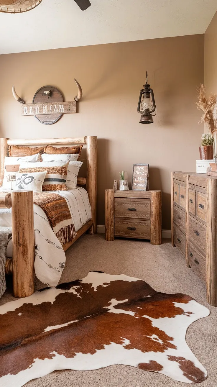 This rustic teen bedroom perfectly blends country style bedroom charm with western bedroom decor. The cowgirl room ideas shine through with a large cowhide rug, distressed wooden furniture, and western boho decor accents. It's the ultimate ranch bedroom ideas for a country chic bedroom with a farmhouse teen bedroom feel.