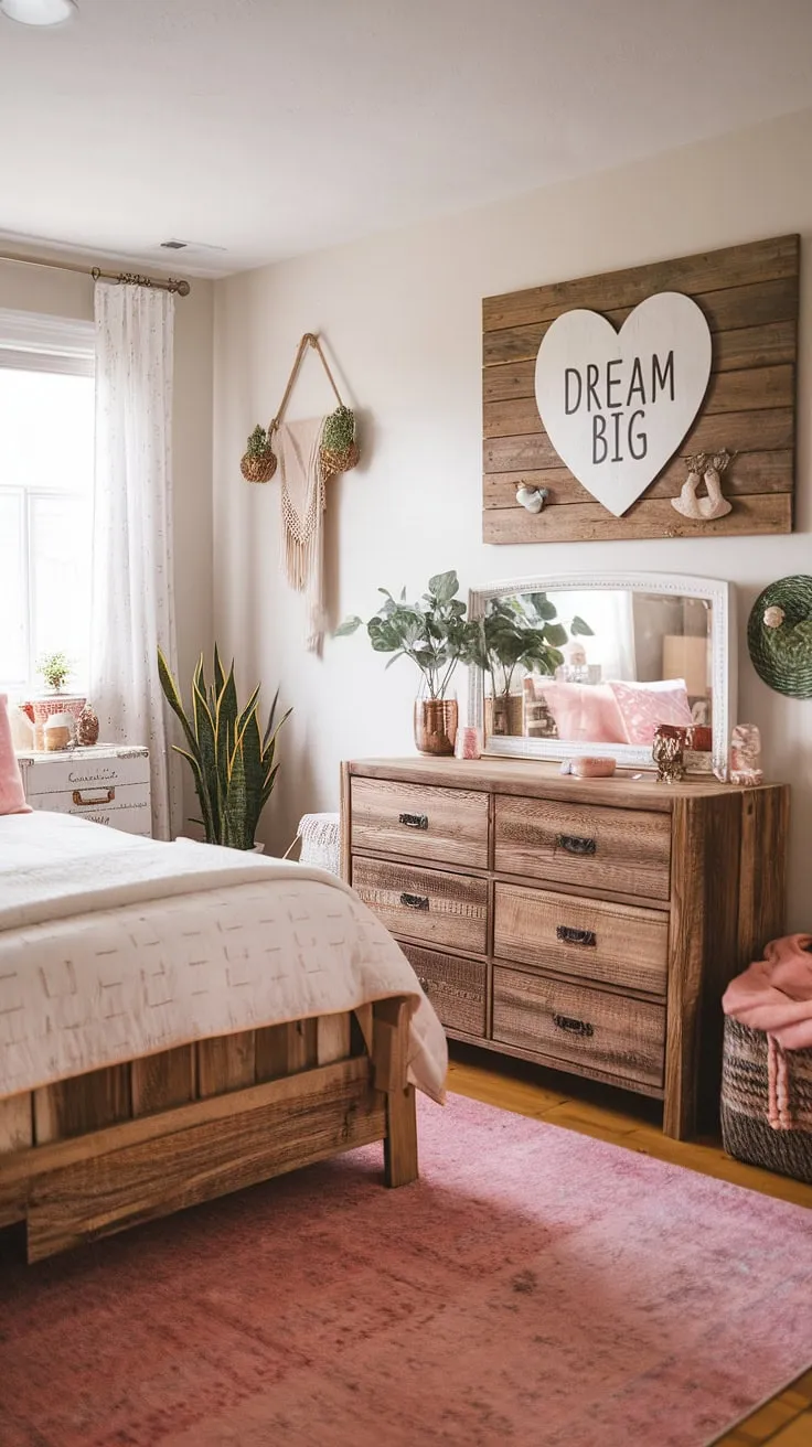 Step into this dreamy country teen bedroom, a perfect blend of rustic charm and western boho decor. The white walls create a bright backdrop for the rustic wooden bed, white quilt, and pops of pink. A wooden "Dream Big" panel above the western-style dresser adds a touch of inspiration, while the pink rug and carefully chosen plants complete the country chic bedroom aesthetic. This farmhouse teen bedroom offers plenty of cowgirl room ideas and ranch bedroom ideas for a truly unique western themed bedroom.