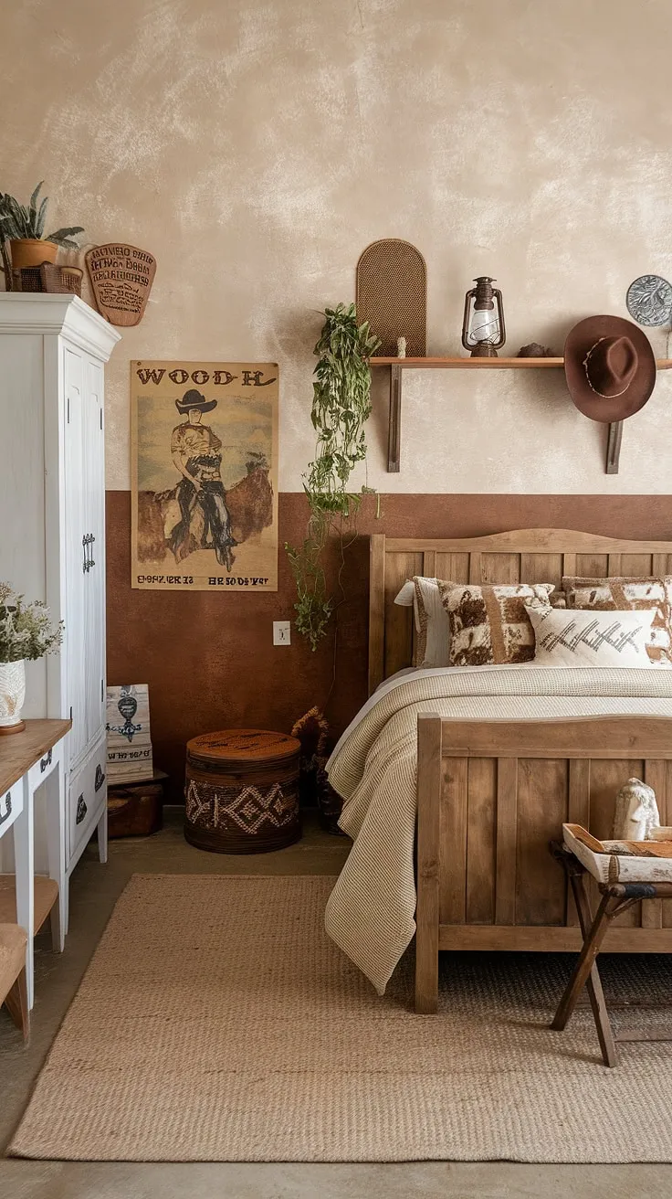 This rustic teen bedroom is a stunning example of a country style bedroom with a western twist. The western themed bedroom features a queen-size bed with a wooden frame, a beige comforter, and a beautiful beige rug. The cowgirl room ideas are subtly incorporated throughout, from the vintage poster to the carefully chosen accessories. The overall aesthetic is a charming mix of country chic bedroom and western boho decor, making it the perfect ranch bedroom ideas for a teenager who loves the rustic charm of the American West. This farmhouse teen bedroom is both stylish and functional.