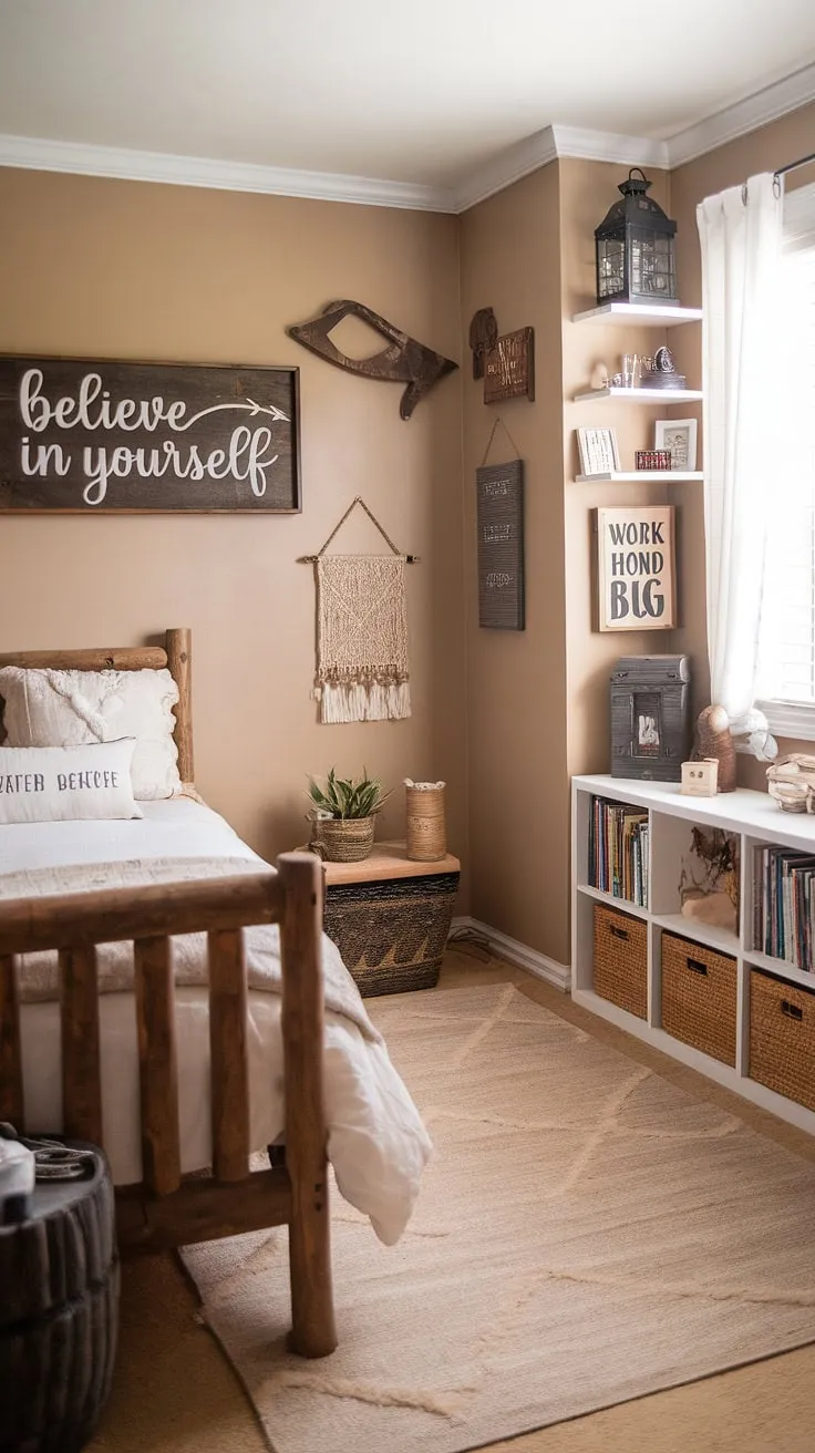 Step into this dreamy western themed bedroom, a haven of country style and teenage spirit. This country teen bedroom boasts a rustic aesthetic with a western bedroom decor that's both inviting and inspiring. The white duvet and beige rug create a calming atmosphere, while the wooden accents and motivational signs add a touch of western boho decor. Perfect for those seeking ranch bedroom ideas, this space is a testament to the beauty of a country chic bedroom, offering a blend of comfort and style.