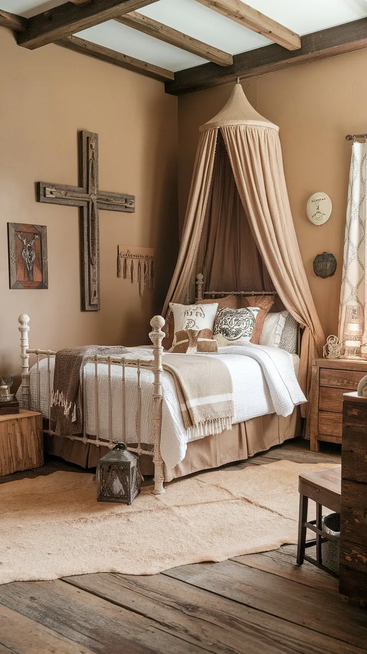 This farmhouse teen bedroom is the ultimate western boho decor haven. A country teen bedroom with a touch of rustic teen bedroom vibes, showcasing the best in cowgirl room ideas and western themed bedroom design.