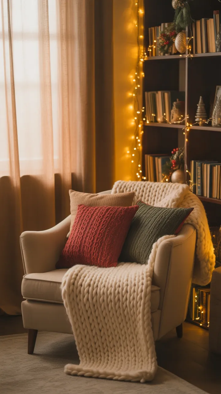 Cozy Holiday Reading Nook Bathed in Golden Light