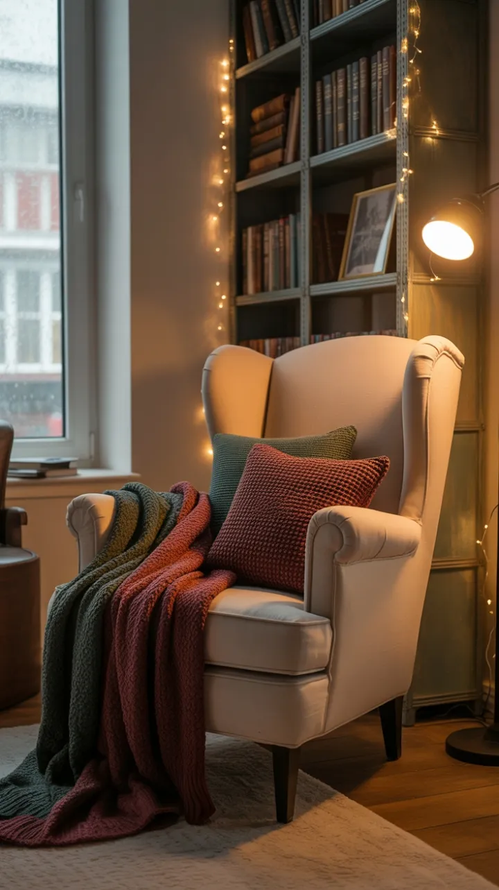 Snow-Kissed Reading Nook with Vintage Books and Cozy Layers