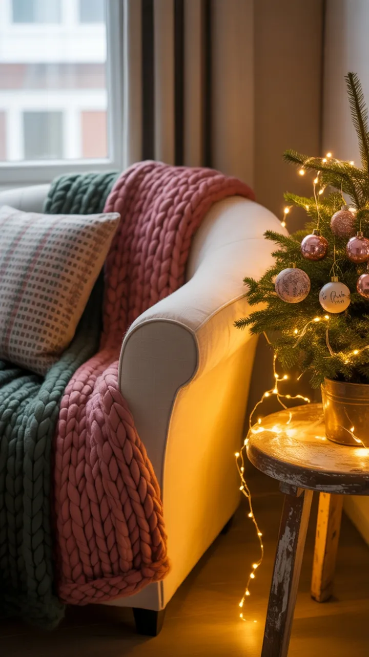 Knitted Comforts and Vintage Glow in a Petite Christmas Nook