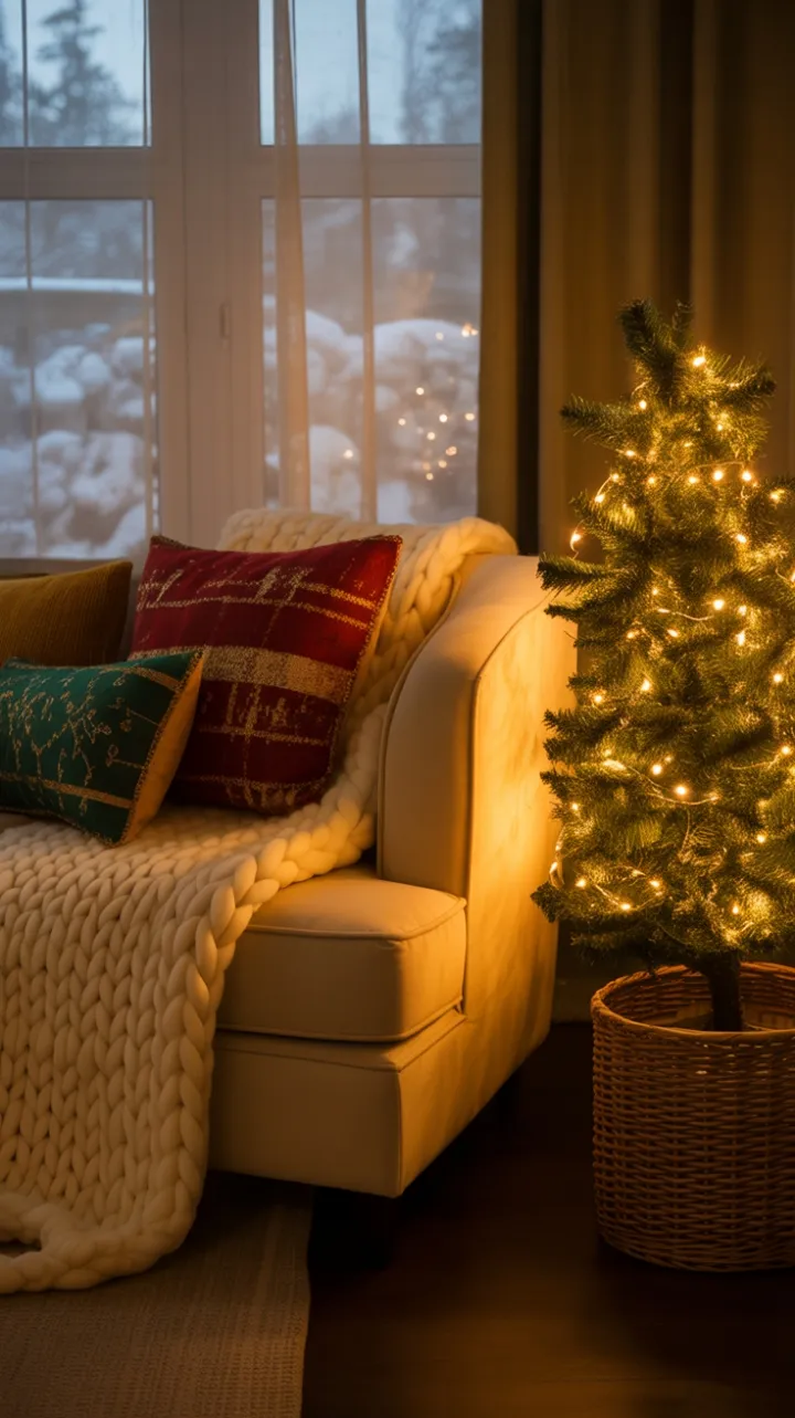 Snow-Kissed Corner with Chunky Knit Throws and a Twinkling Basket Tree