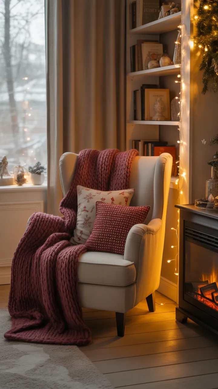 Burgundy Knit and Golden Lights A Cozy Christmas Corner