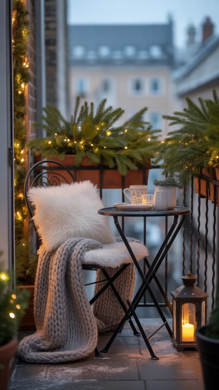 Cozy Christmas Balcony Dressed in Evergreens and Lantern Glow