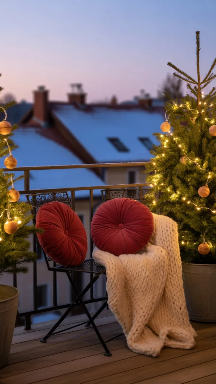 Twinkling Holiday Nook Afloat Above Snow-Dusted Rooftops