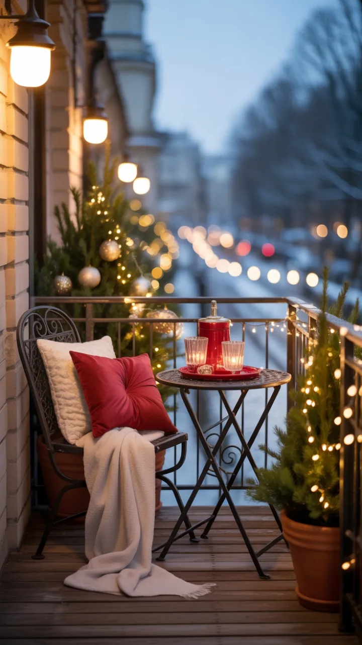 A Cozy Christmas Nook on a Snow-Dusted Balcony