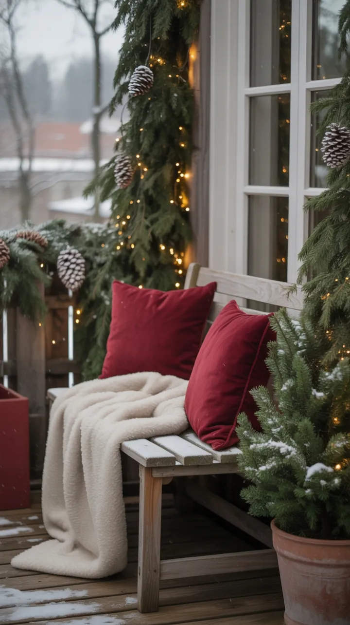 Snow-Kissed Balcony Retreat with Velvet Pillows and Twinkling Lights
