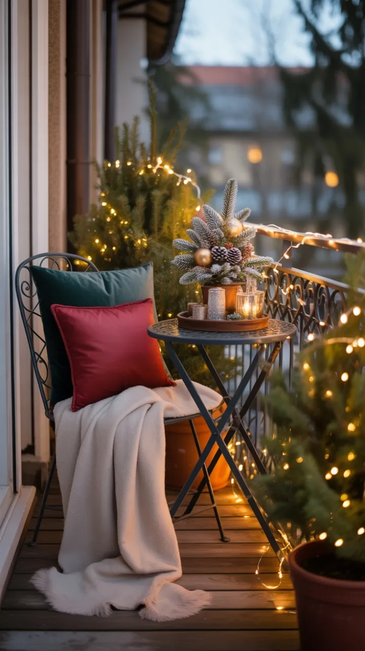 Twinkling Lights and Frosted Evergreens Create a Cozy Balcony Retreat