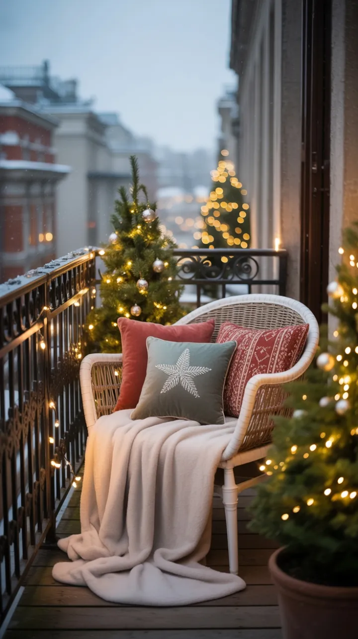 Urban Balcony Holiday Nook Wrapped in Creams and Fairy Light