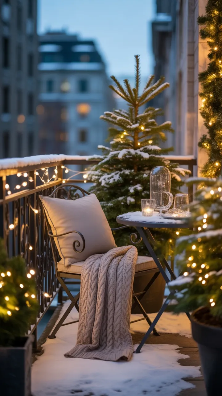 Snowy City Balcony Retreat with Cable‑Knit Comfort