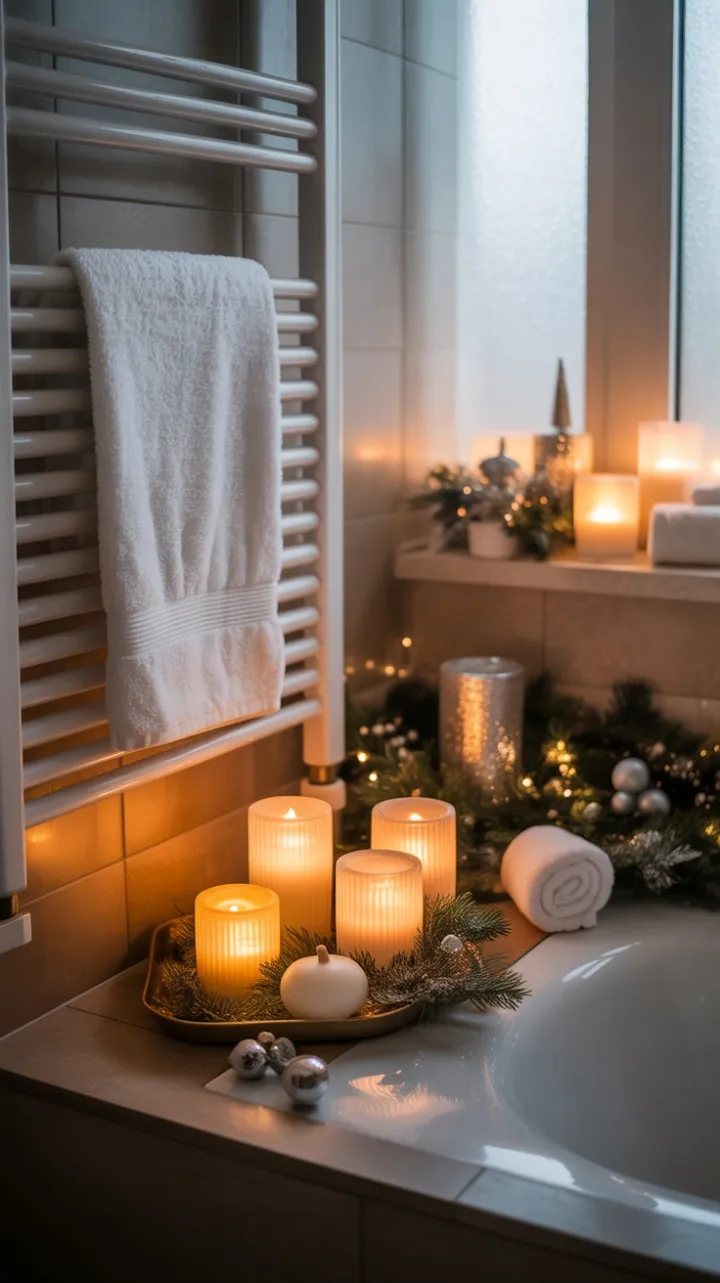 Snow-White Towels and Candlelight Create a Cozy Christmas Bath Retreat