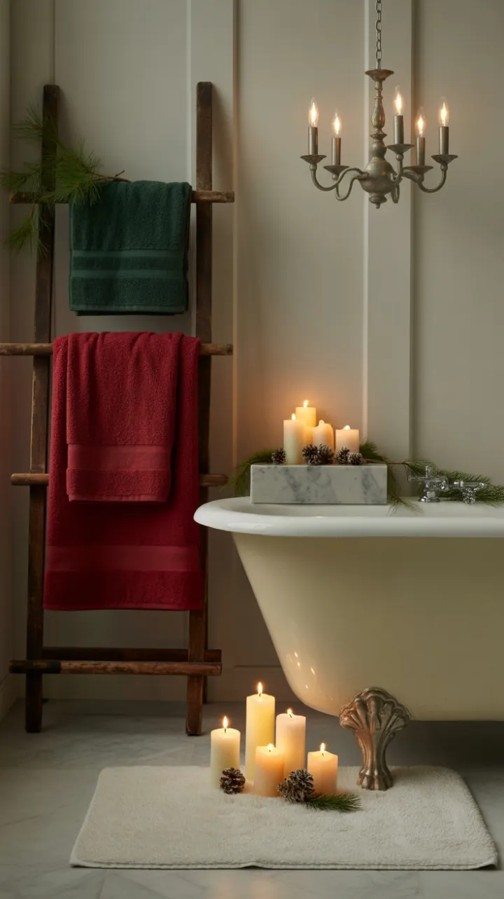 Candlelit Holiday Bath with Crimson Towels and Pine