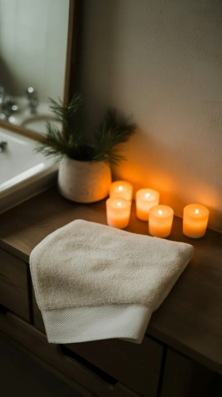 Snow-White Towels and Amber Candlelight for a Cozy Holiday Retreat
