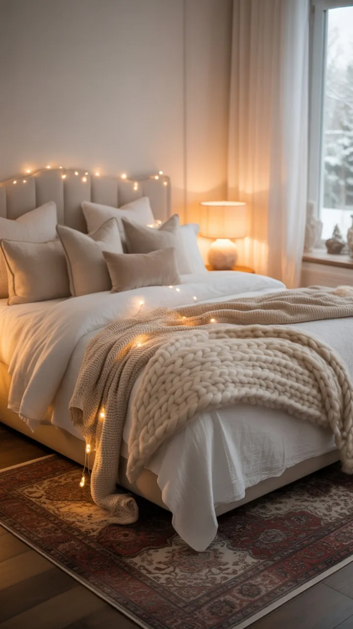 Ivory Winter Retreat Bathed in a Cozy Glow