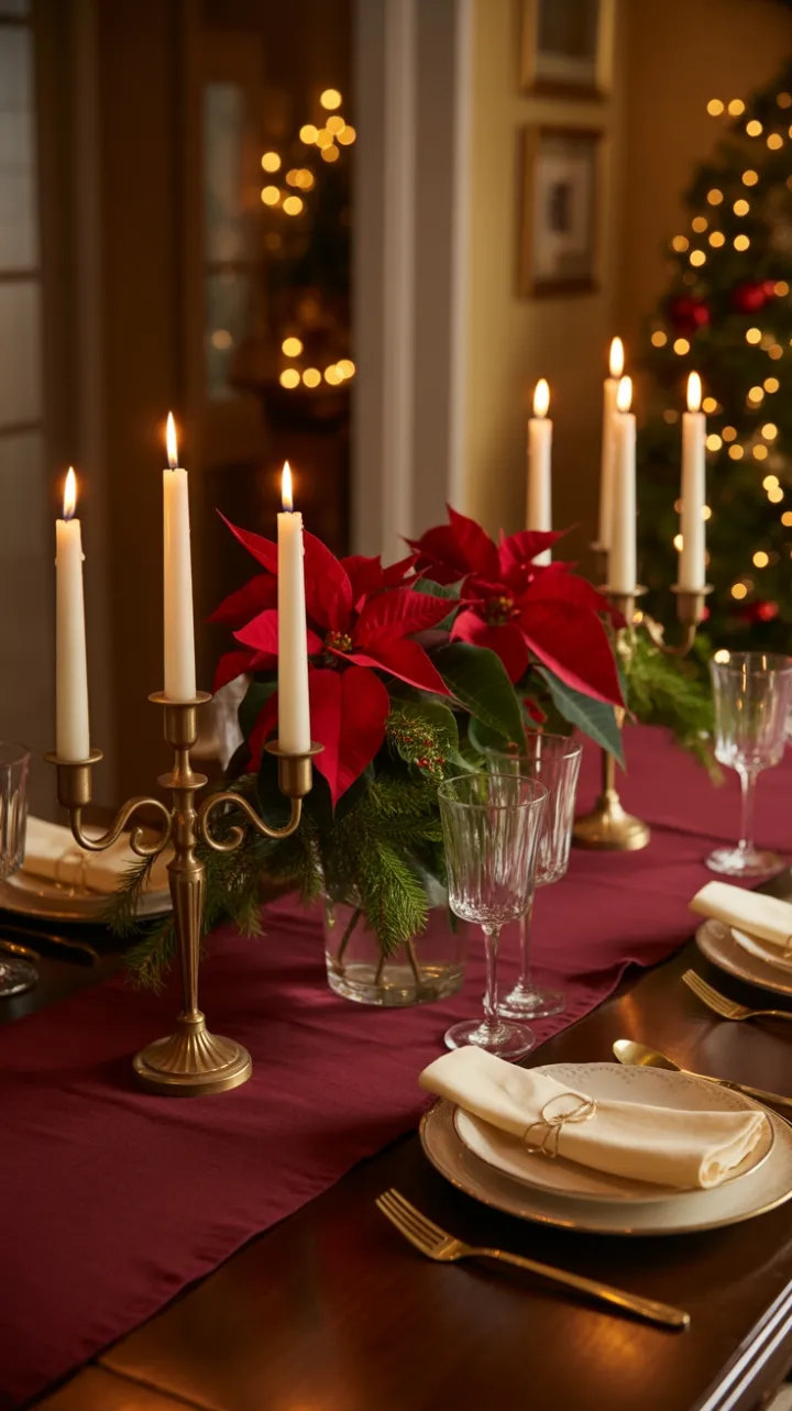 Candlelit Burgundy Holiday Table with Gold Rimmed China